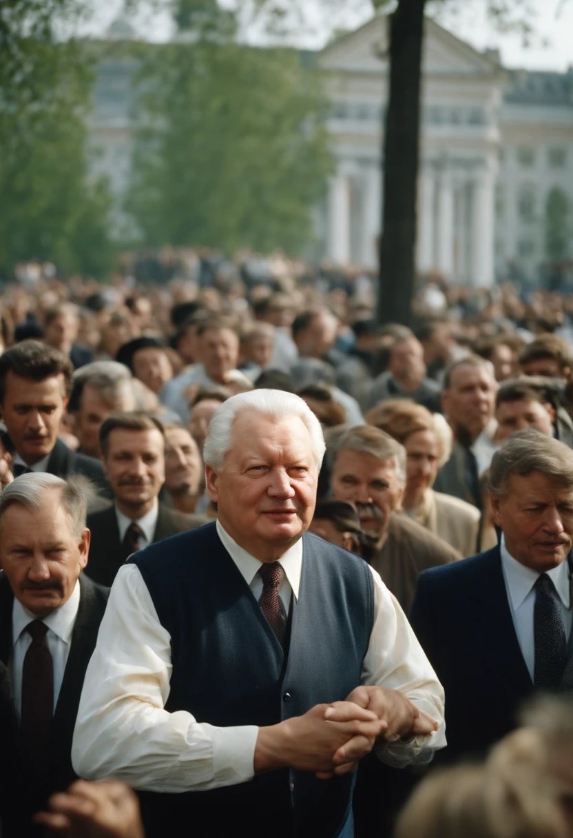 A photo of Yeltsin passionately leading a traditional Russian dance at a local cultural festival.,The Russian Federation,Yeltsin was of average height, standing at around 5 feet 8 inches (173 cm) tall. He had a sturdy and somewhat stocky build, with a noticeable roundness to his figure.

Facial Features: Yeltsin had a round face with a prominent jawline. He had a fair complexion, often appearing flushed or rosy-cheeked, which was sometimes attributed to his drinking habits. His face was characterized by deep-set blue eyes that conveyed a sense of intensity and determination. Yeltsin had thinning gray hair, which he typically wore short.

Expressive Eyes: Yeltsin's eyes were often described as expressive and animated. They had a lively and sometimes piercing quality, reflecting his strong personality and passionate nature.

Attire: Yeltsin's fashion sense was known for being relatively casual and unassuming. He often appeared in public wearing business suits, typically in dark colors such as blue or gray. On more informal occasions, he would opt for less formal attire, occasionally wearing sweaters or sport coats.

Body Language: Yeltsin's body language was often described as energetic and dynamic. He had a tendency to gesticulate with his hands while speaking, emphasizing his points with animated gestures. Yeltsin's physical movements were often characterized by a sense of vigor and purpose, reflecting his assertive and active approach to politics.
Over the years, the effects of aging became more apparent in Yeltsin's appearance. As he served multiple terms as President of Russia, his hair continued to gray, and wrinkles became more prominent. These signs of aging were often mentioned in media portrayals of Yeltsin during his later years in office.
Yeltsin's body language was often described as dynamic and active. He would often move around the stage or podium while speaking, using his gestures and physical movements to engage the audience. Yeltsin's body language conveyed a sense of urgency and purpose, reflecting his determination to bring about change.