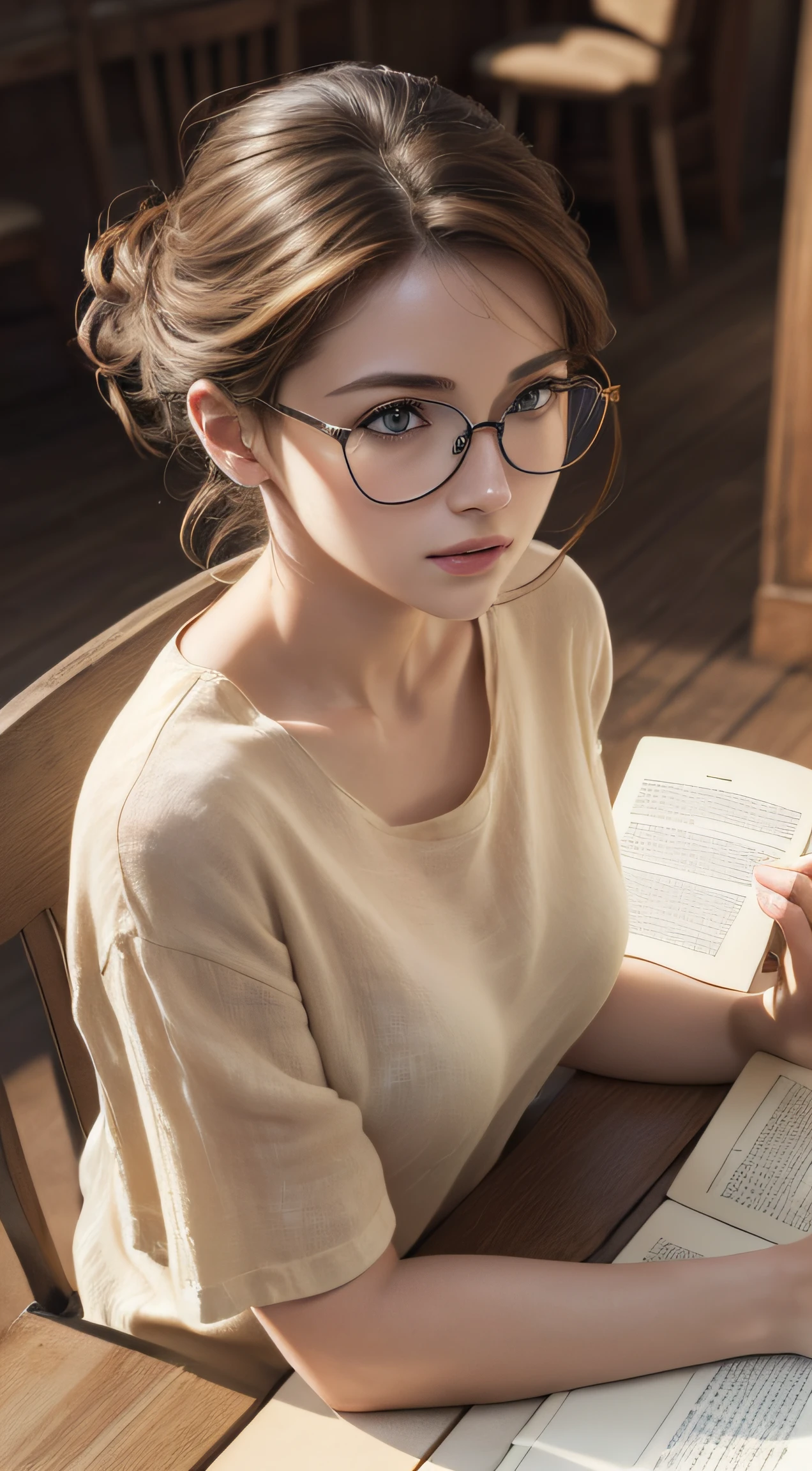 (Masterpiece, best quality, award winning, photorealistic, highres, UHD :1.4), ((from high angle)), portrait, sharp focus, upper body, 1 beautiful European female, pretty model, skinny, slim figure, breasts, realistic pale skin, realistic detailed modeling face, beautiful eyes, stylish brown layered hairstyle, highly detailed realistic hair, glossy lips, eye liner, blush, attractive, stunning, ((photorealistic, realistic, super realistic, realism, realistic detail)), (pale yellow linen tee), wearing glasses, reading book, on table, dynamic lighting, volumetric lighting