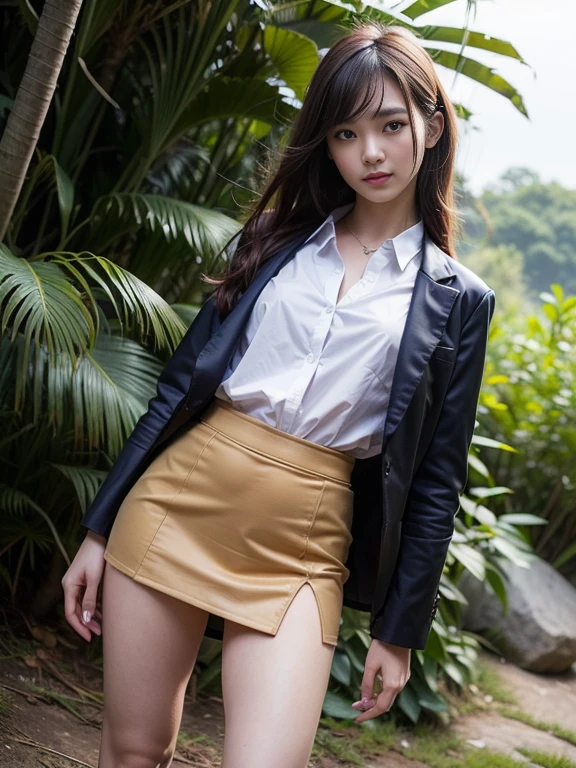 ((top-quality、in 8K、masterpiece:1.3、Raw photo))、Super high quality photos, In the tropical jungle, ((Wearing a business suit with jacket and skirt)), ((The wind is blowing up my skirt and I can see my panties.)),((Mid-waist posture)),((Wear a white blouse shirt under the jacket)), ((Perfect beauty 20 year old idol Japan woman)), ((a smile)), ((protruding nipples under the shirt,,)), ((Hair fluttering in the wind)), ((slim figure)), ((Slim legs)), ((slim thigh)), (Photorealistic: 1.4), (Ultra-high detail), (hyper realisitic: 1.4), (Realistic: 1.3), (Smooth lighting: 1.05), Full body, 1girl in, Solo, (Japanese actressl), 20yr old, cinematlic lighting, ((Leaner figure)), Good anatomy, Correct anatomy, In the tropical jungle, ((Perfect beauty 20 year old idol Japan woman)), ((Slim legs)), ((slim thigh)), ,((Perfect beauty)), ((He has a small camping bag in one hand.)), ((Panties are visible through the skirt)), ((a smile)), ((camel's toe)), ((Wearing a business suit with jacket and skirt)), ((The wind is blowing up my skirt and I can see my panties.)), ((Mid-waist posture)),