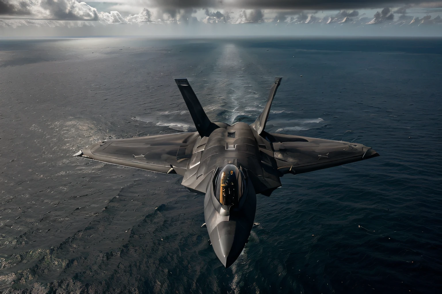 (mastepiece) (((Black modern plane - fighter. Flying over the ocean))). There is an Aircraft Carrier below. ((It's cloudy weather, it's evening.))