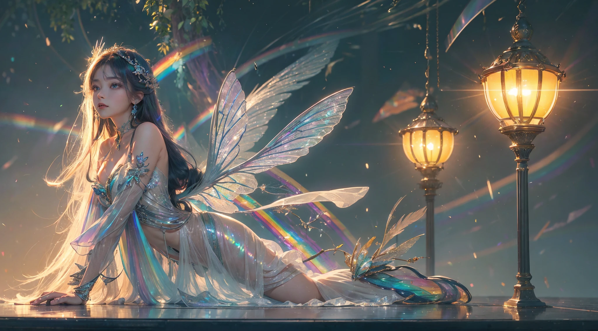 (((tmasterpiece))), (((Best quality at best))), ((ultra - detailed)),(Highly detailed CG illustration), ((Extremely Delicately Beautiful)),电影lamplight, Imitate the styles of current popular genre masters,Create stunning works of fantasy art. Works should contain mythology and fantasy、Fairy tale fantasy elements,And comes in dreamy rainbow colors. ((Use the rainbow as the primary color scheme.)) The character in the work is a delicate and strong petite figure,Full of mystery and magic, (Beautiful translucent rainbow wings). Pay close attention to intricate facial features, Such as bright colors and eye-catching shadows. 人物'Costume design should use tulle feathers, silk dress, Amazing embroidery, and subtle iridescent details. contains an icon (((Translucent rainbow))), dream color, 动态照明, Detailed background elements create a sense of awe and immersion. Includes a colorful flying magical bird and a jewel-toned rainbow butterfly with a magical halo. Consider the latest trends in fantasy art, por exemplo, Incorporate unique lighting effects, Discover dynamic and eye-catching composition techniques, And try a unique color palette. Get inspired by top artists on ArtStation and Midjourney. cameras: Choose an angle that highlights the beauty of the figure and enhances the magical majesty of the artwork. lamplight: Create depth and mood with mood lighting technology. settle down: Pursue high-resolution artwork,Demonstrate intricate detail and clarity. Artistic inspiration: Find inspiration from popular artists on ArtStation, Explore different styles, type, and the theme.