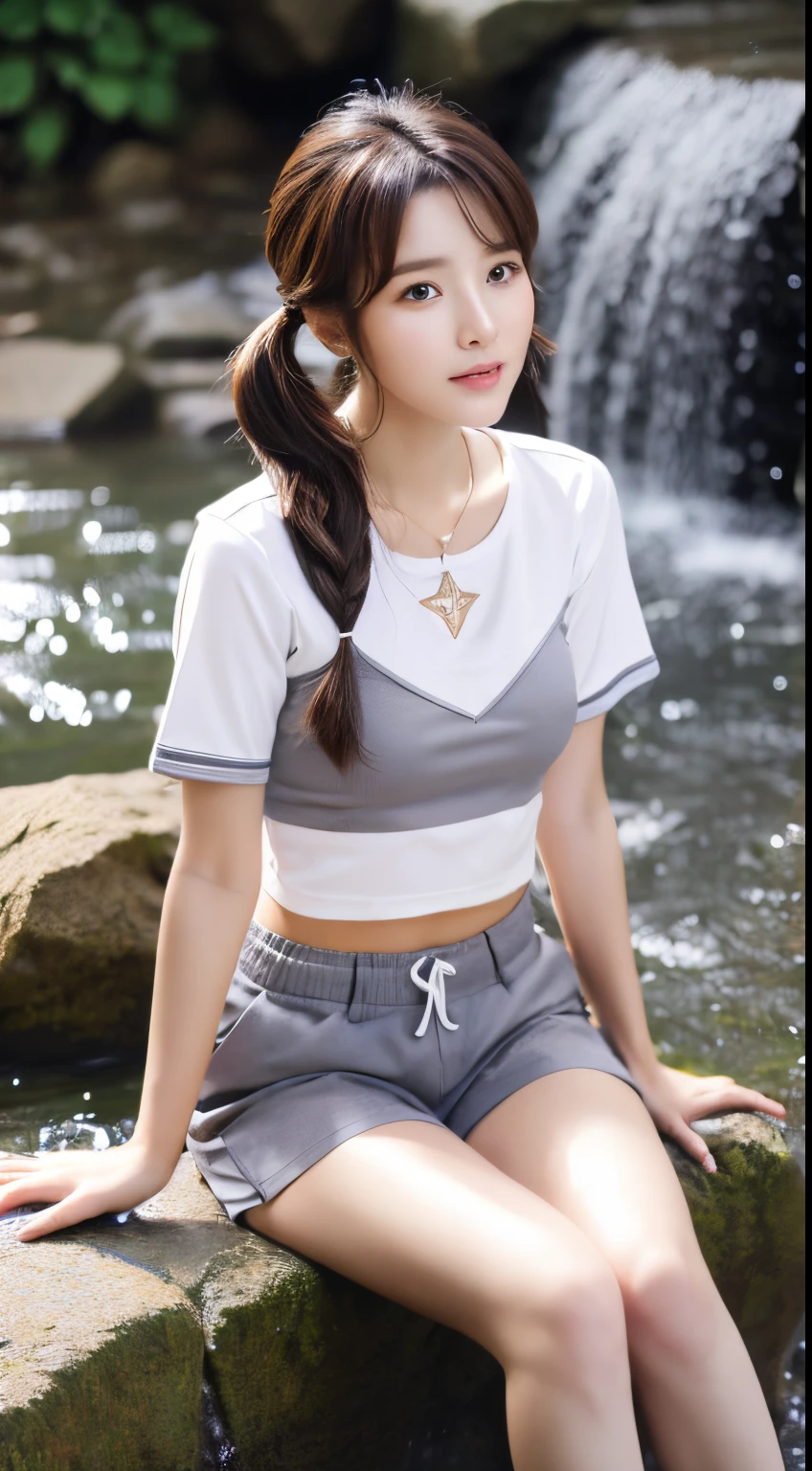 Realistic photo of (1 cute Korean star) short twintails, 32 inch bust size, gray camisole, shorts, sitting at waterfall is background , Nikon, UHD