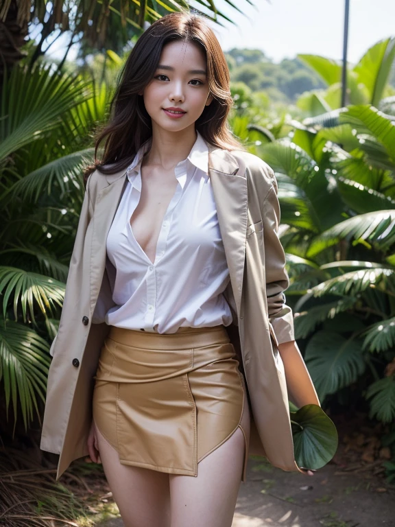 ((top-quality、in 8K、masterpiece:1.3、Raw photo))、Super high quality photos, In the tropical jungle, ((Wearing a business suit with jacket and skirt)), ((The wind is blowing up my skirt and I can see my panties.)),((Mid-waist posture)),((Wear a white blouse shirt under the jacket)), ((Perfect beauty 20 year old idol Japan woman)), ((a smile)), ((protruding nipples under the shirt,,)), ((Hair fluttering in the wind)), ((slim figure)), ((Slim legs)), ((slim thigh)), (Photorealistic: 1.4), (Ultra-high detail), (hyper realisitic: 1.4), (Realistic: 1.3), (Smooth lighting: 1.05), Full body, 1girl in, Solo, (Japanese actressl), 20yr old, cinematlic lighting, ((Leaner figure)), Good anatomy, Correct anatomy, In the tropical jungle, ((Perfect beauty 20 year old idol Japan woman)), ((Slim legs)), ((slim thigh)), ,((Perfect beauty)), ((He has a small camping bag in one hand.)), ((Panties are visible through the skirt)), ((a smile)), ((camel's toe)), ((Wearing a business suit with jacket and skirt)), ((The wind is blowing up my skirt and I can see my panties.)), ((Mid-waist posture)),