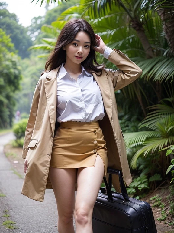 ((top-quality、in 8K、masterpiece:1.3、Raw photo))、Super high quality photos, In the tropical jungle, ((Wearing a business suit with jacket and skirt)), ((The wind is blowing up my skirt and I can see my panties.)),((Mid-waist posture)),((Wear a white blouse shirt under the jacket)), ((Perfect beauty 20 year old idol Japan woman)), ((a smile)), ((protruding nipples under the shirt,,)), ((Hair fluttering in the wind)), ((slim figure)), ((Slim legs)), ((slim thigh)), (Photorealistic: 1.4), (Ultra-high detail), (hyper realisitic: 1.4), (Realistic: 1.3), (Smooth lighting: 1.05), Full body, 1girl in, Solo, (Japanese actressl), 20yr old, cinematlic lighting, ((Leaner figure)), Good anatomy, Correct anatomy, In the tropical jungle, ((Perfect beauty 20 year old idol Japan woman)), ((Slim legs)), ((slim thigh)), ,((Perfect beauty)), ((He has a small camping bag in one hand.)), ((Panties are visible through the skirt)), ((a smile)), ((camel's toe)), ((Wearing a business suit with jacket and skirt)), ((The wind is blowing up my skirt and I can see my panties.)), ((Mid-waist posture)),