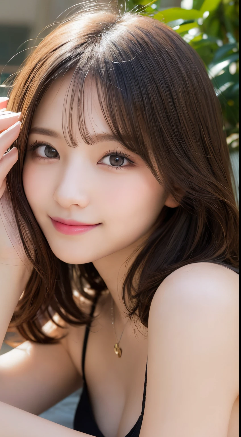 masutepiece, Best Quality, Illustration, Ultra-detailed, finely detail, hight resolution, 8K Wallpaper, Perfect dynamic composition, Beautiful detailed eyes, Women's Fashion Summer,Medium Hair,Small breasts natural color lip, Bold sexy poses,Smile,Harajuku、20 years girl、Cute、Sexy shot looking at camera