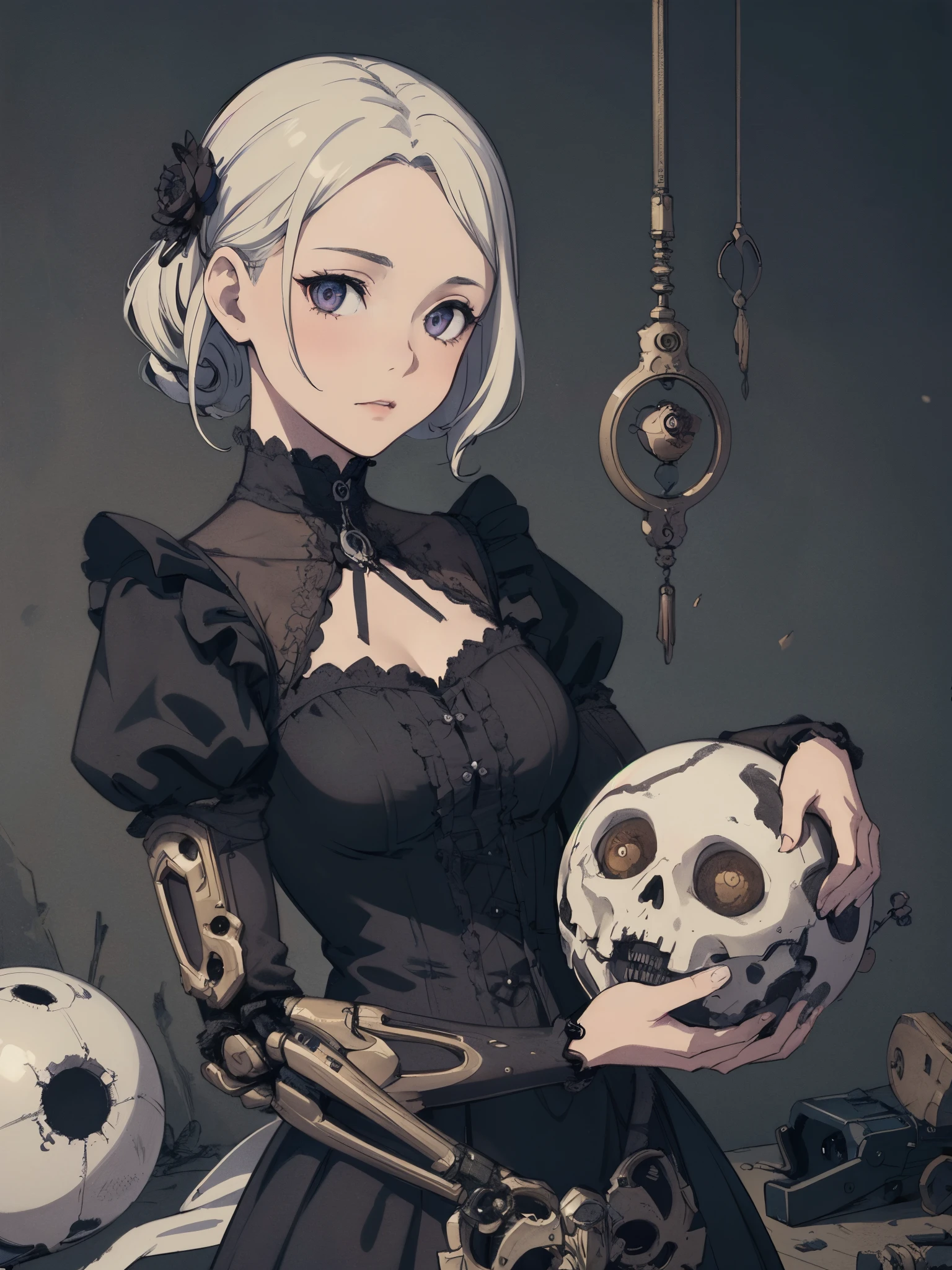 Anime girl holding a skeleton and skull in her hands, anime skull portrait woman, mechanized witch girl, Gothic Maiden anime girl, guweiz on pixiv artstation, guweiz on artstation pixiv, beautiful necromancer girl, Detailed Digital Anime Art, cushart krenz key art feminine, detailed anime character art, Detailed key anime art