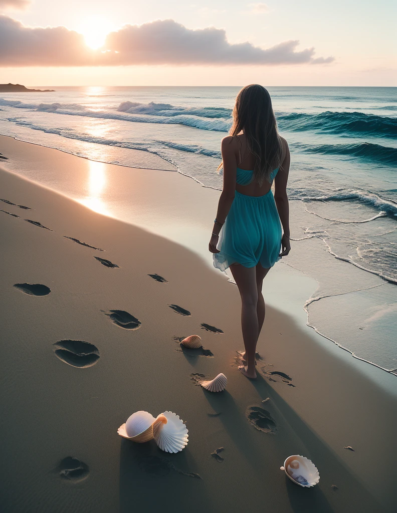 Mujer en la playa muy bella, con facciones muy detalladas y esteticas, en el atardecer
