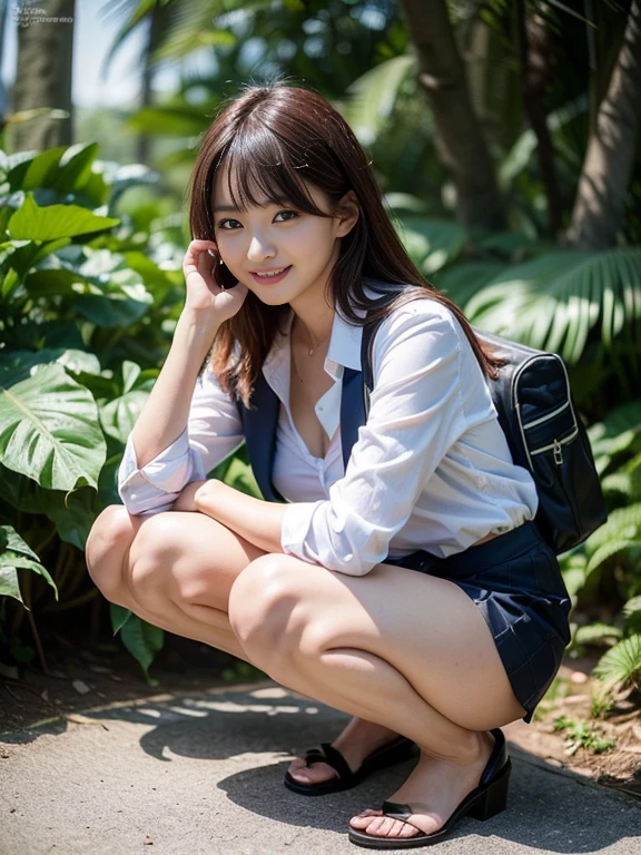 ((top-quality、in 8K、​masterpiece:1.3、Raw photo))、Super high quality photos, In the tropical jungle, ((Wearing a business suit with jacket and skirt)), ((The wind is blowing up my skirt and I can see my panties.)),((squatting with legs closed)),((Wear a white blouse shirt under the jacket)), ((Perfect beauty 20 year old idol Japan woman)), ((a smile)), ((protruding nipples under the shirt,,)), ((Hair fluttering in the wind)), ((slim figure)), ((Slim legs)), ((slim thigh)), (Photorealistic: 1.4), (Ultra-high detail), (hyper realisitic: 1.4), (Realistic: 1.3), (Smooth lighting: 1.05), Full body, 1girl in, Solo, (Japanese actressl),　20yr old, cinematlic lighting, ((Leaner figure)), Good anatomy, Correct anatomy, In the tropical jungle, ((Perfect beauty 20 year old idol Japan woman)), ((Slim legs)), ((slim thigh)), ,((Perfect beauty)), ((He has a small camping bag in one hand.)), ((Panties are visible through the skirt)), ((a smile)), ((camel's toe)), ((Wearing a business suit with jacket and skirt)), ((The wind is blowing up my skirt and I can see my panties.)), ((squatting with legs closed)),