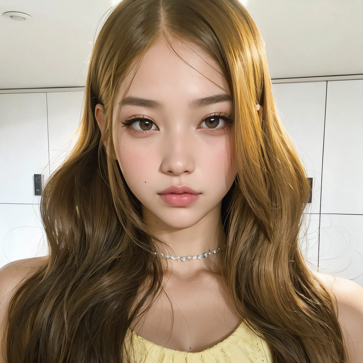 Mujer arafed con cabello largo con un collar y un vestido amarillo., Tema amarillo cabello ondulado, long glowing ethereal hair, Retrato de Jossi de Blackpink, Jaeyeon Nam, El Corte Hime, ulzzang, Render de abril, Lalisa Manobal, con cara redonda, con el pelo largo, in the art style of bowater, Jinyoung Shin