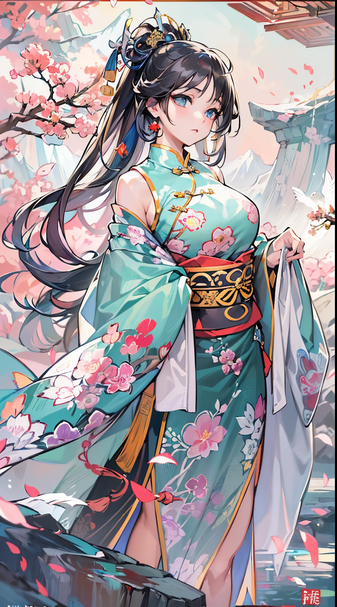 ((Finest quality)),(超A high resolution),(ultra-detailliert),(Meticulous portrayal),((Best Anime)),(Finest works of art),Ultra-Precision Art,The art of astounding depiction,Overwhelming descriptive power:1.5, mountain water, (adult woman:1.5),(chinese style clothing), soft colored birds:1.5
