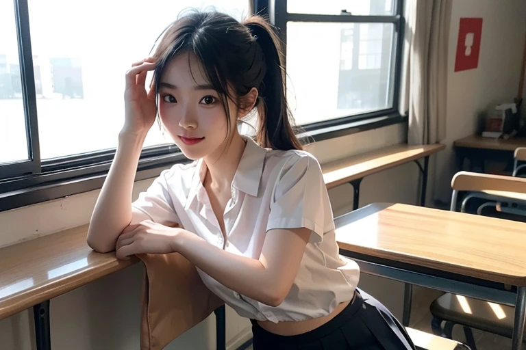 1 Chinese girl, in high school classroom, Sit at a desk in the classroom，shinny hair, black hair color hair, pony tails,issuance，light  smile, the shy, glowing light eyes, In a white blouse shirt, Pleated skirt in blue color, Not wearing a bra, No shoes, Show the whole body, feet in sight, Endless realism, cellshading, anaglyph, stereograms,  Perspectives,  8K, super detailing, tmasterpiece, Best quality at best, hyper HD, tmasterpiece, A high resolution