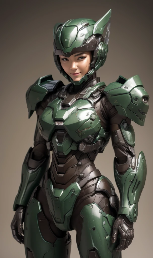 Textured skin, Super Detail, high details, High quality, Best Quality, hight resolution, 1080p, hard disk, Beautiful,(War Machine),beautiful cyborg woman,Dark Green Mecha Cyborg Girl,Battle Mode,Girl with a Mecha Body,She wears a futuristic war machine weapon mech、Very Shorthair、Brown eyes、full of sweat、cute smile face