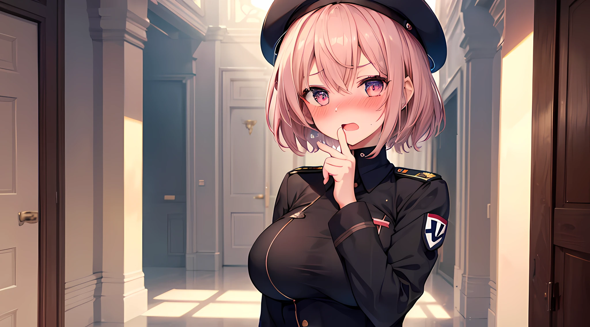 1 girl, prim, soviet military uniform, elegant pose, standing, hand, big breast, brown short hair, black beret, glare, (blushing: 1.5), open mouth, licking finger, heart eyes, natural lighting, gulag, masterpieces, 8k, ultra HD,