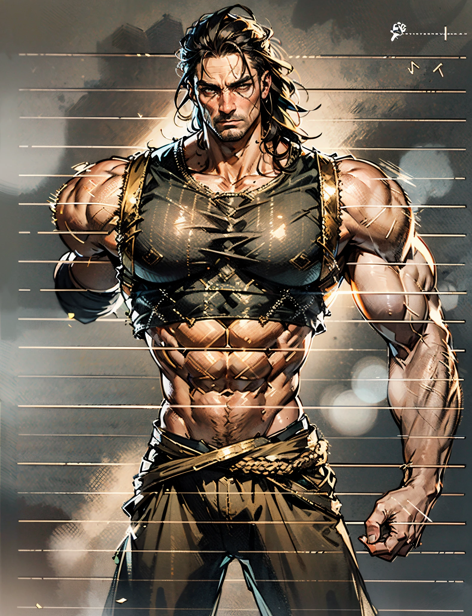 A middle-aged man, dark golden long hair, a wild and unkempt hairstyle, a melancholic gaze, a dignified expression, a tall and muscular physique, a hint of stubble on his face, a fantasy-style tattered clothing, ripped sleeves, reveals his abdominal muscles, one of his arms is missing, a hemp rope is wound around his waist, coarse cloth pants, the background depicts a fantasy-style dilapidated city with crumbling buildings, this character embodies a finely crafted fantasy-realistic style warrior in anime style, exquisite and mature manga art style, high definition, best quality, highres, ultra-detailed, ultra-fine painting, extremely delicate, professional, anatomically correct, symmetrical face, extremely detailed eyes and face, high quality eyes, creativity, RAW photo, UHD, 8k, Natural light, cinematic lighting, masterpiece-anatomy-perfect, masterpiece:1.5