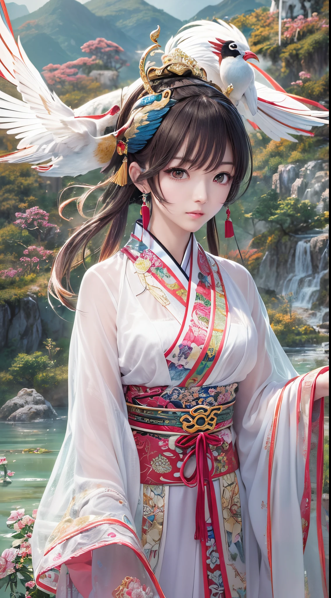 ((Finest quality)),(超A high resolution),(ultra-detailliert),(Meticulous portrayal),((Best Anime)),(Finest works of art),Ultra-Precision Art,The art of astounding depiction,Overwhelming descriptive power:1.5, mountain water, (adult woman:1.5),(chinese style clothing), soft colored birds:1.5