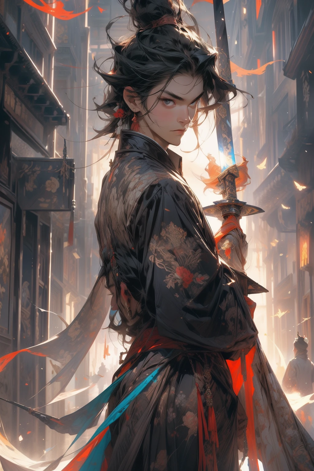 tmasterpiece，Best Quality，1 male，Holding a precious sword in your hands，Burning flame，with luminous light，An ancient city in the background，