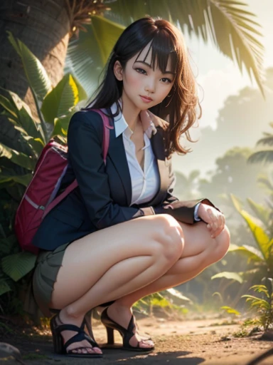 ((top-quality、in 8K、​masterpiece:1.3、Raw photo))、Super high quality photos, In the tropical jungle, ((Wearing a business suit with jacket and skirt)), ((The wind is blowing up my skirt and I can see my panties.)),((squatting with legs closed)),((Wear a white blouse shirt under the jacket)), ((Perfect beauty 20 year old idol Japan woman)), ((a smile)), ((protruding nipples under the shirt,,)), ((Hair fluttering in the wind)), ((slim figure)), ((Slim legs)), ((slim thigh)), (Photorealistic: 1.4), (Ultra-high detail), (hyper realisitic: 1.4), (Realistic: 1.3), (Smooth lighting: 1.05), Full body, 1girl in, Solo, (Japanese actressl),　20yr old, cinematlic lighting, ((Leaner figure)), Good anatomy, Correct anatomy, In the tropical jungle, ((Perfect beauty 20 year old idol Japan woman)), ((Slim legs)), ((slim thigh)), ,((Perfect beauty)), ((He has a small camping bag in one hand.)), ((Panties are visible through the skirt)), ((a smile)), ((camel's toe)), ((Wearing a business suit with jacket and skirt)), ((The wind is blowing up my skirt and I can see my panties.)), ((squatting with legs closed)),