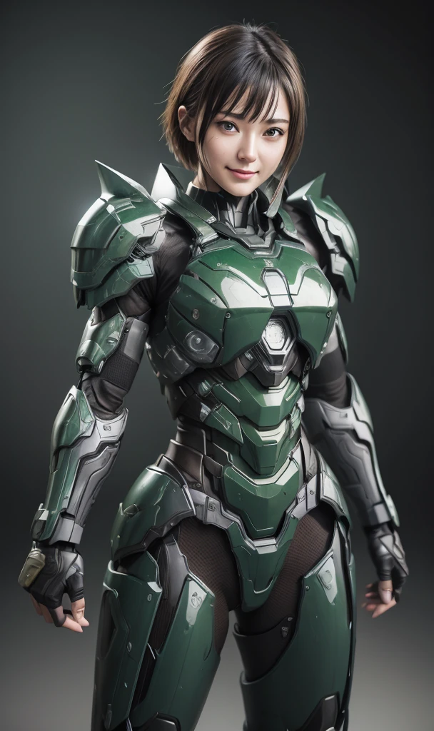 Textured skin, Super Detail, high details, High quality, Best Quality, hight resolution, 1080p, hard disk, Beautiful,(War Machine),beautiful cyborg woman,Dark Green Mecha Cyborg Girl,Battle Mode,Girl with a Mecha Body,She wears a futuristic war machine weapon mech、Very Shorthair、Brown eyes、full of sweat、cute smile face