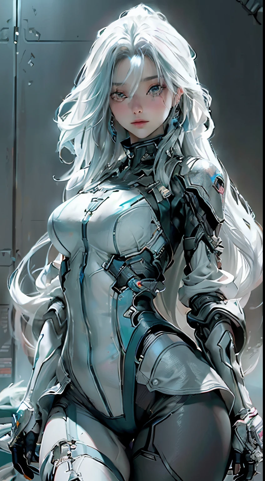 ((best qualtiy)), ((tmasterpiece)), (the detail:1.4), 3D, A beautiful cyberpunk female image,HDR(HighDynamicRange),Ray traching,NVIDIA RTX,Super-Resolution,Unreal 5,Subsurface scattering、PBR Texture、post-proces、Anisotropy Filtering、depth of fields、maximum definition and sharpness、Many-Layer Textures、Albedo e mapas Speculares、Surface Coloring、Accurate simulation of light-material interactions、perfectly proportions、Octane Render、Two-colored light、largeaperture、Low ISO、White balance、the rule of thirds、8K RAW、Huge breasts,Breath-out breasts, white long hair, inner blue colored hair,