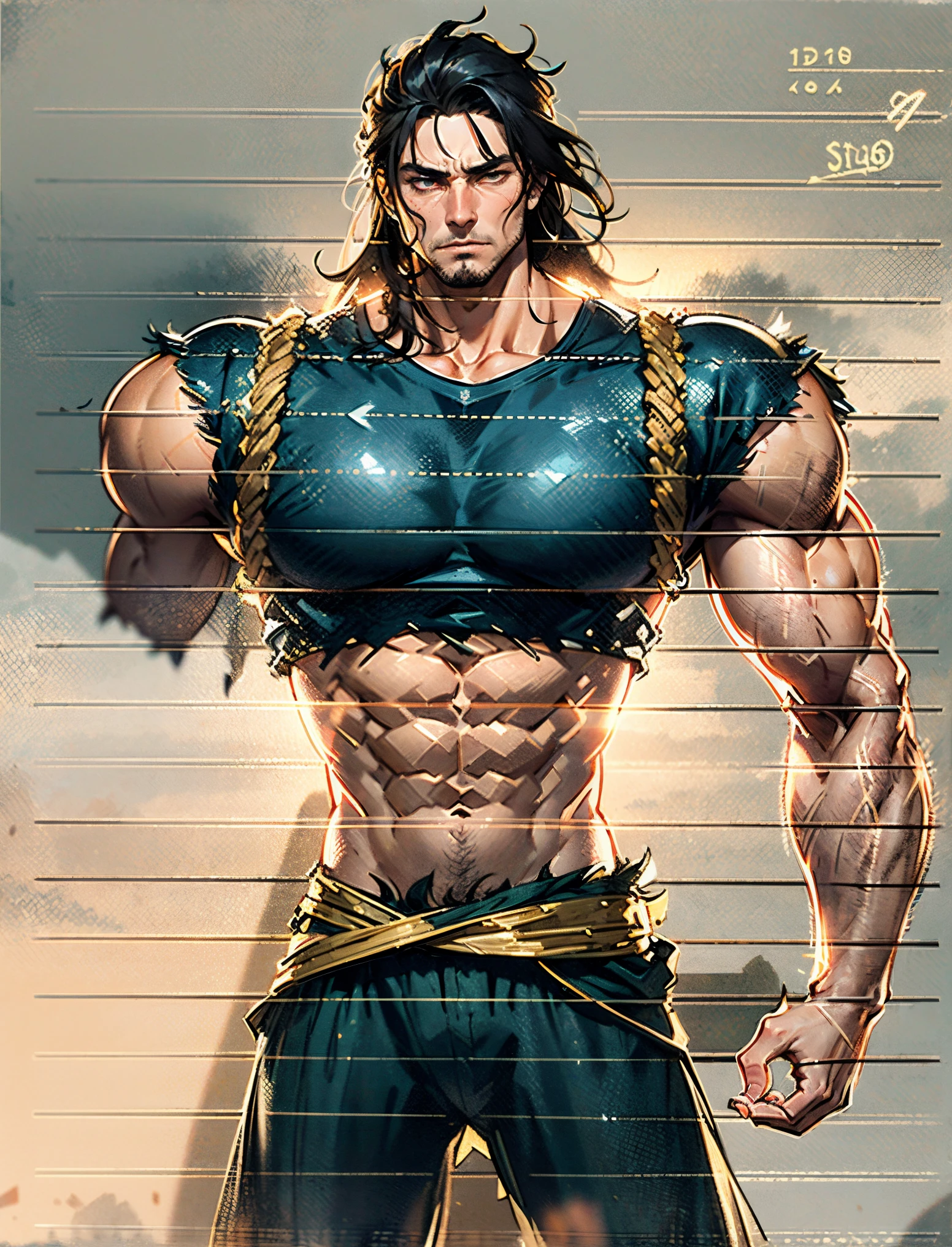 A middle-aged man, dark golden long hair, a wild and unkempt hairstyle, a melancholic gaze, a dignified expression, a tall and muscular physique, a hint of stubble on his face, a fantasy-style tattered clothing, ripped sleeves, reveals his abdominal muscles, one of his arms is missing, a hemp rope is wound around his waist, coarse cloth pants, the background depicts a fantasy-style dilapidated city with crumbling buildings, this character embodies a finely crafted fantasy-realistic style warrior in anime style, exquisite and mature manga art style, high definition, best quality, highres, ultra-detailed, ultra-fine painting, extremely delicate, professional, anatomically correct, symmetrical face, extremely detailed eyes and face, high quality eyes, creativity, RAW photo, UHD, 8k, Natural light, cinematic lighting, masterpiece-anatomy-perfect, masterpiece:1.5