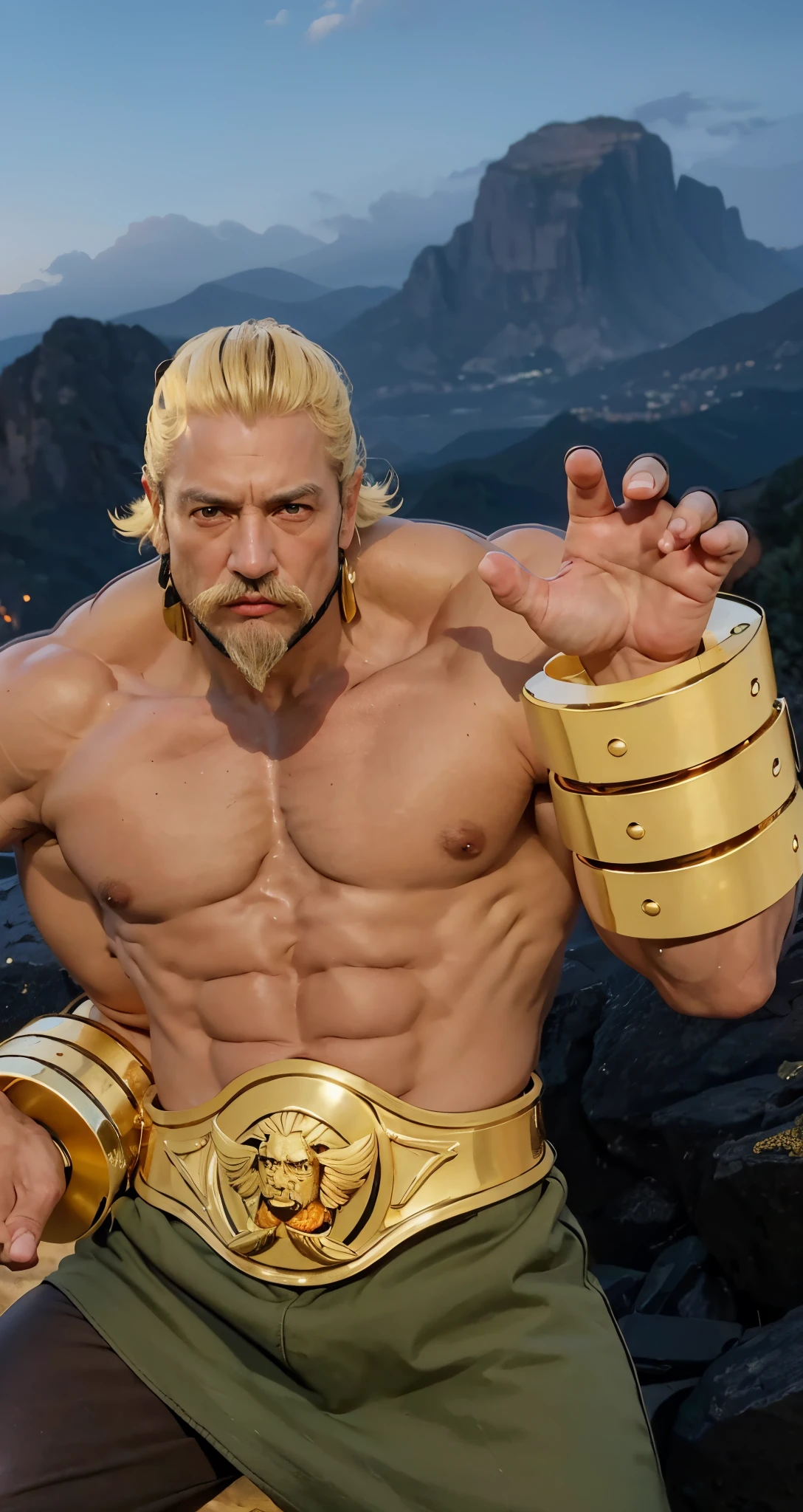 Real life adaption of this character , old man , realistic same hair , (realistic same outfit), realistic background , realistic light, realistic shadow, realism, hyper realistic,(photorealistic:1.2), normal small eyes, muscular man body ,brown skin, realistic The large bracelet is made of gold-colored iron, realistic big belt made of gold colored iron, realistic same blonde moustache and blonde beard