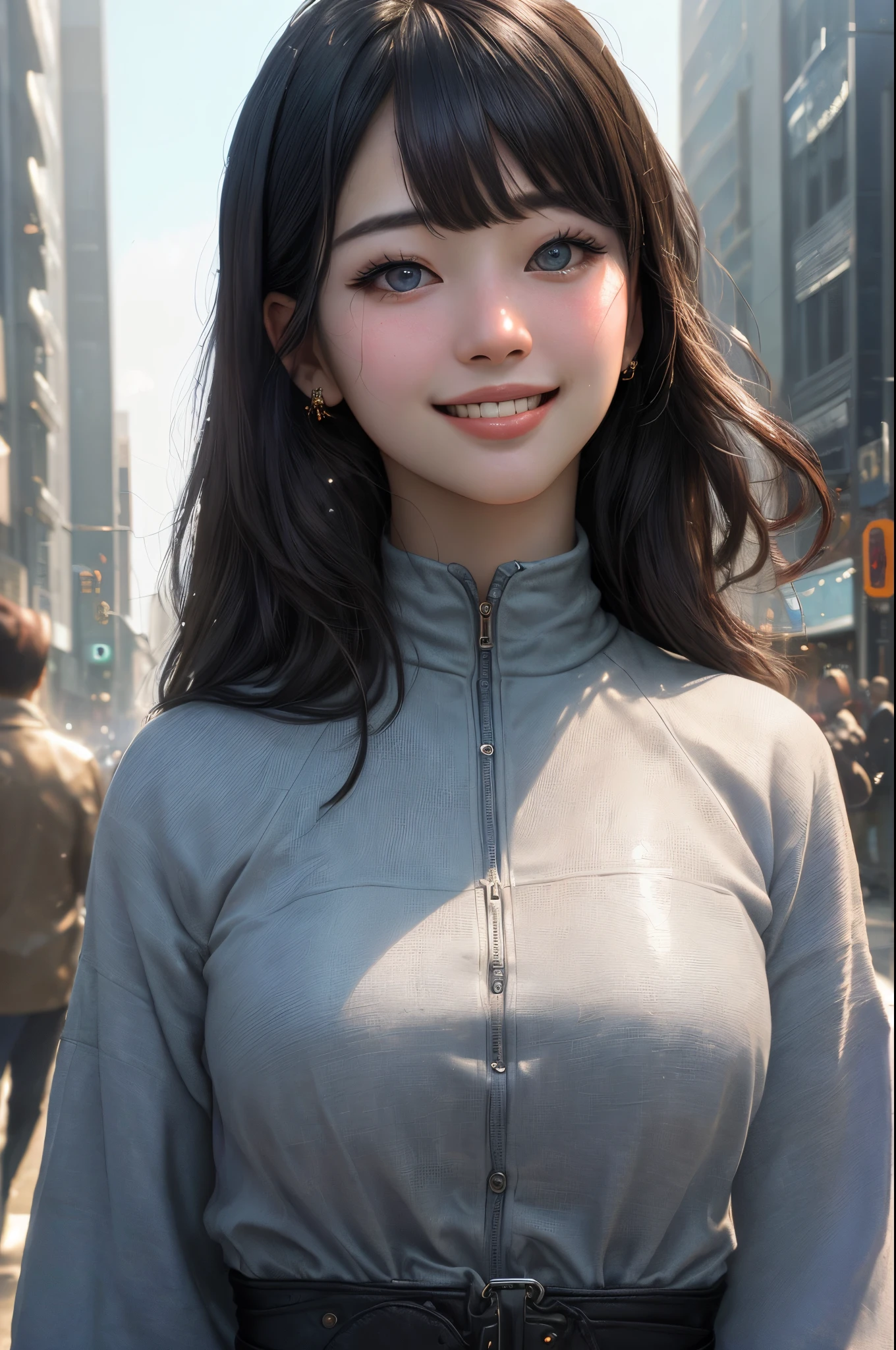 ((top-quality、tmasterpiece、Photographic realism:1.4、8K)), cool korean men1a person, 25 age old, Well-proportioned face, Handsome high nose bridge, Korean bangs, Smooth and fair face, Long and slightly curled eyelashes, Dark and deep ice eyes, beautiful light up, (people walking on city streets), Textured leather, ultra-detailliert, Hooch details, high qulity, A high resolution, (looking at the audience), up-close, Detailed mouth, A smile, of the whole body:1.3