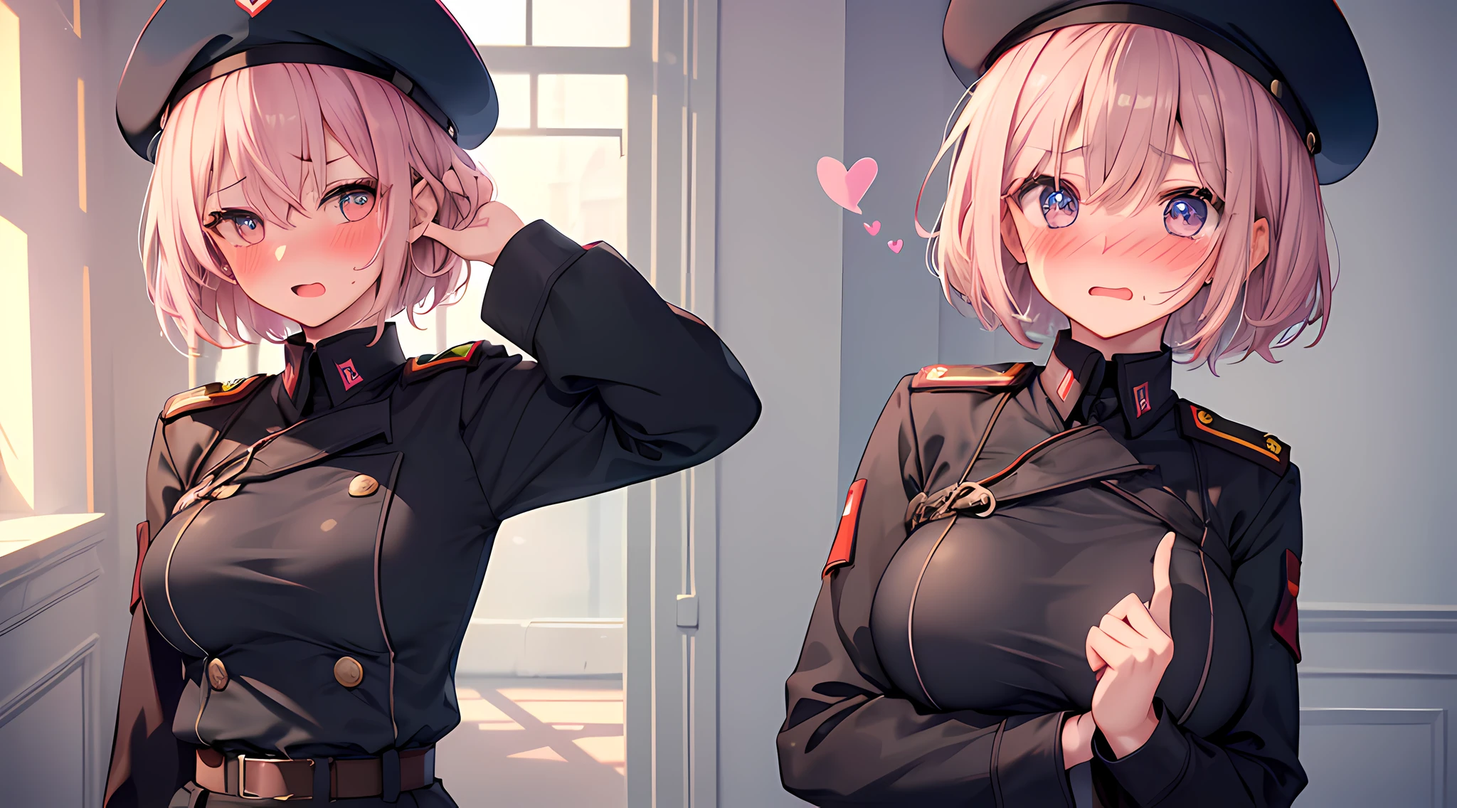 1 girl, prim, soviet military uniform, elegant pose, standing, hand, big breast, brown short hair, black beret, glare, (blushing: 1.5), open mouth, licking finger, heart eyes, natural lighting, gulag, masterpieces, 8k, ultra HD,