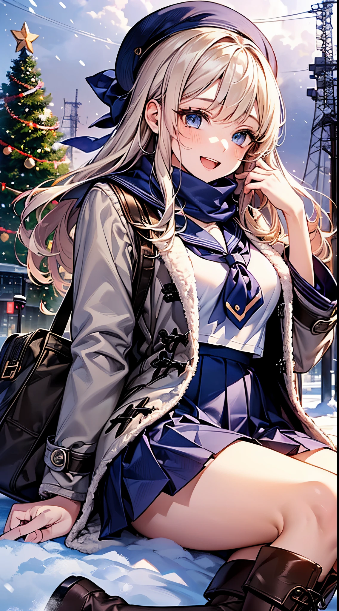 ((((perfect anatomy, super detailed skin)))), 1 girl, japanese, high school girl, shiny skin, large breasts:0.5, looking away, looking up, watching the view, from below,
beautiful hair, beautiful face, beautiful detailed eyes, (long hair:1.7, side ponytail:1.5), blond hair, blue eyes,
beautiful clavicle, beautiful body, beautiful chest, beautiful thigh, beautiful legs, babyface, mole under eye,
(((gray duffle coat), ((long sleeves)), all navy sailor suit, navy pleated skirt, navy sailor collar, red sailor scarf, thigh-highs, short boots), school bag, cross necklace), seductive thighs, ,
((smile:1.5, open your mouth wide)), sitting, (((hugging white cat, a lot of cats gather))),
(beautiful scenery), winter, midnight, hokkaido, sapporo, odori park, christmas, (christmas tree), illumination, tv tower, snow, snowfall:1.5, freezing weather, frost,
(8k, top-quality, masterpiece:1.2, extremely detailed), (photorealistic), beautiful illustration, cinematic lighting,