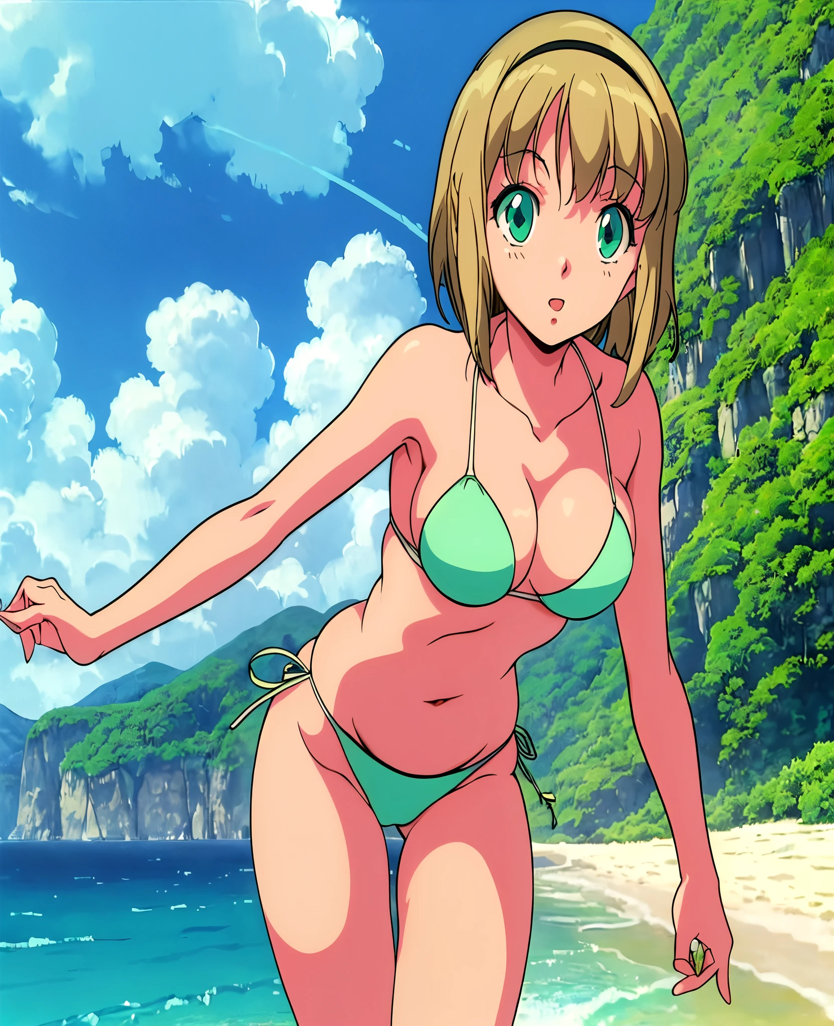 masterpiece, best quality, 1girl, solo, (Hosokawa Miki:1.4), blonde hair,green eyes,short hair, bikini on beach,swimsuit, simple background, best light