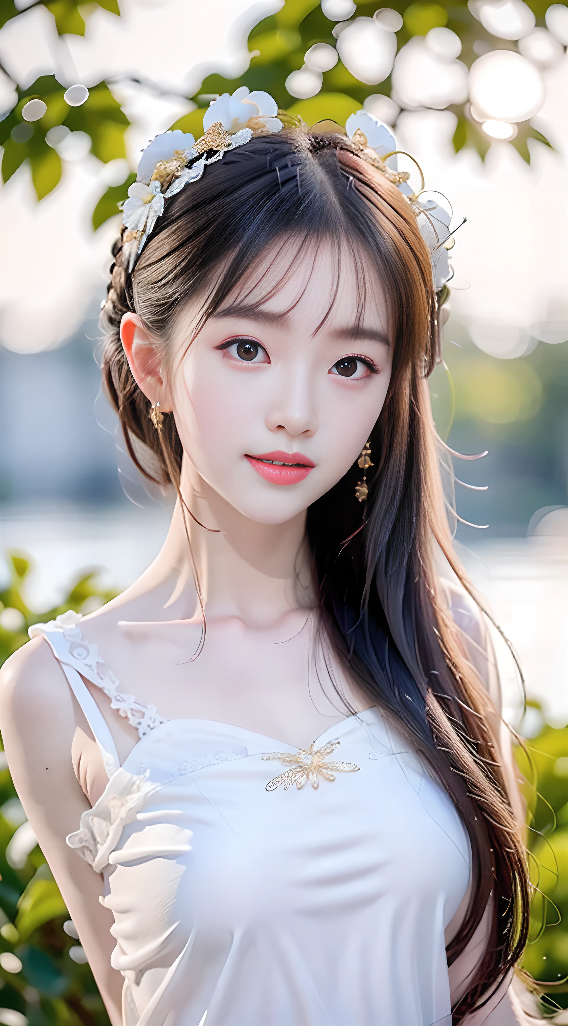 closeup on face, Face shot, (White dress :1.7), short miko skirt, Long streamers, blonde hairs, golden hair, (Pointed ears: 1.5), (Gold pattern quality:1.3), female pubic hair, with long blond hair, Off-the-Shoulders, Top detail CG quality 4K wallpaper, Master, A Masterpiece, portraits, The middle, Watch the footage, Beautiful Chinese-Korean mixed race idol, ((Super fine face, detailed description of facial features)), Lip biting makeup, Sweet smile, Perfect facial features, Model figure, Good complexion, the trees, branches, Golden meadow, stream, Golden leaves, Evening, Twilight, The setting sun, Twilight, autumn, twin braids, hair strand, diagonal bangs, hair ribbon, hair ornament, forehead jewel, jeweled branch of hourai, crescent hair ornament, fish hair ornament, hime cut, low ponytail, realism, god rays, sparkle, cinematic lighting, lens flare, UHD, high details, high quality, highres, best quality, 8k, 16k, high details, high quality, super detail, anatomically correct, masterpiece, ccurate
