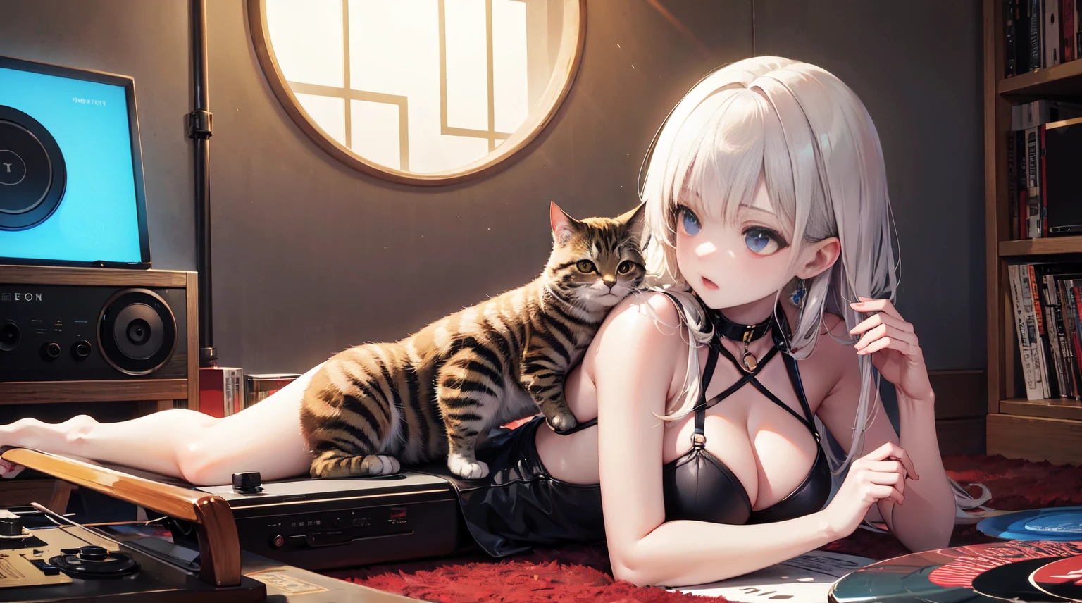 8K, Top Quality, There is moonlight on a dark night, Big breasted girl lying down holding a kitten, the record player is running