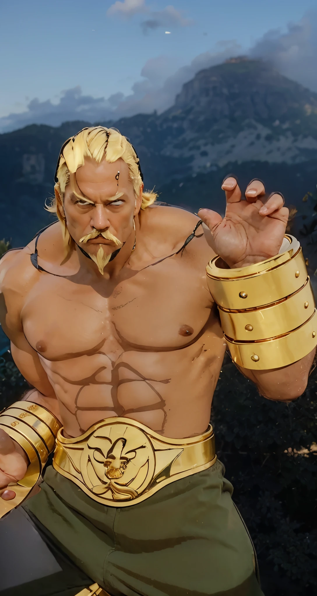 Real life adaption of this character , old man , realistic same hair , (realistic same outfit), realistic background , realistic light, realistic shadow, realism, hyper realistic,(photorealistic:1.2), normal small eyes, muscular man body ,brown skin, realistic The large bracelet is made of gold-colored iron, realistic big belt made of gold colored iron, realistic same blonde moustache and blonde beard
