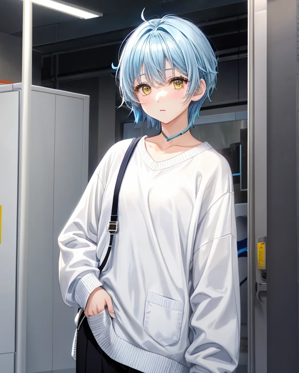 lightblue hair、White knitwear、Black pants、odd eye、Neutral face、short-hair、Military hand、Black eyes、yellow eyes、ember、soio