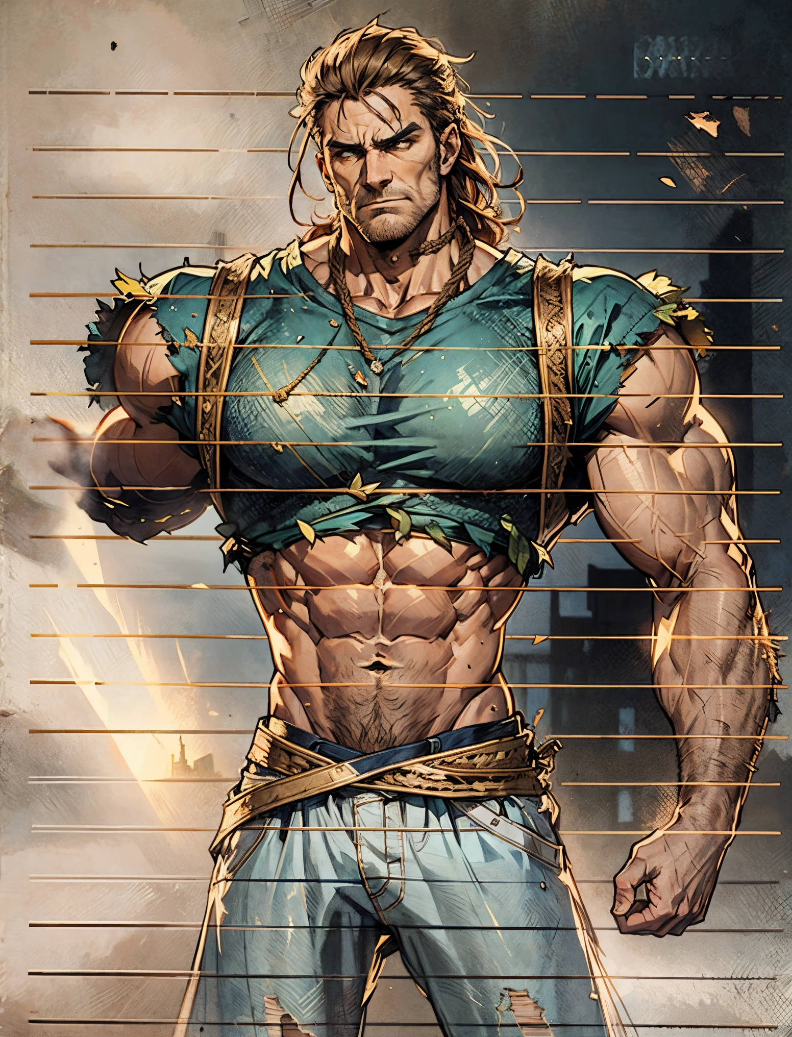 A middle-aged man, dark golden long hair, a wild and unkempt hairstyle, a melancholic gaze, a dignified expression, a tall and muscular physique, a hint of stubble on his face, a fantasy-style tattered clothing, ripped sleeves, reveals his abdominal muscles, one of his arms is missing, a hemp rope is wound around his waist, coarse cloth pants, the background depicts a fantasy-style dilapidated city with crumbling buildings, this character embodies a finely crafted fantasy-realistic style warrior in anime style, exquisite and mature manga art style, high definition, best quality, highres, ultra-detailed, ultra-fine painting, extremely delicate, professional, anatomically correct, symmetrical face, extremely detailed eyes and face, high quality eyes, creativity, RAW photo, UHD, 8k, Natural light, cinematic lighting, masterpiece-anatomy-perfect, masterpiece:1.5
