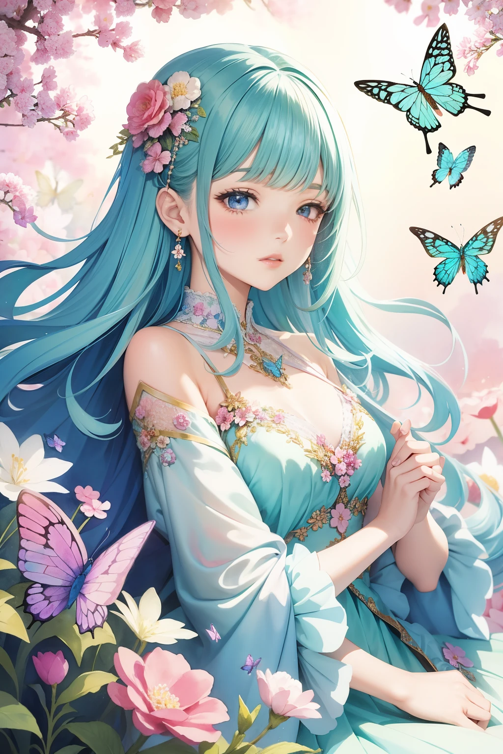 Beautiful girl in fairy costume, Surrounded by flowers and butterflies. Content: Watercolor painting. Style: Capricious and delicate, Like illustrations in children's books.