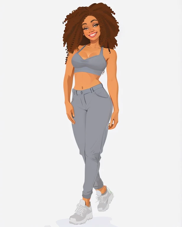 mulher de desenho animado com roupas esportivas andando e sorrindo, mulher em forma, Cartoon style illustration, menina em forma, standing athletic pose, mulheres de corpo inteiro, Mulher jovem afro-americana, full length illustration, character is in her natural pose, full body cute young lady, flat illustration, cartoon illustration, mulher afro-americana, cintura magra e quadris grossos, mulher jovem negra, menina elegante afro-americana