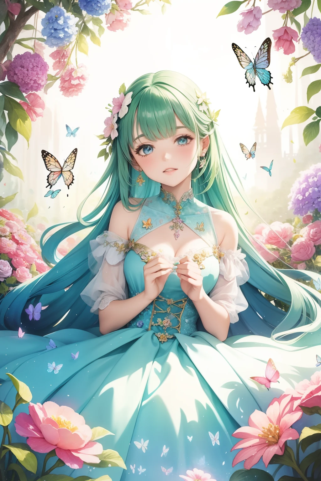 Beautiful girl in fairy costume, Surrounded by flowers and butterflies. Content: Watercolor painting. Style: Capricious and delicate, Like illustrations in children's books.