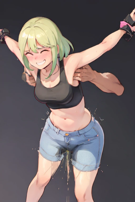 ((2girl)), multiple girls, ((couple)), smile, laughing, standing, armpits, (((grabbing from behind))), tickling, tkl, jeans, dynamic posing, ((((pee stain)))), simple background