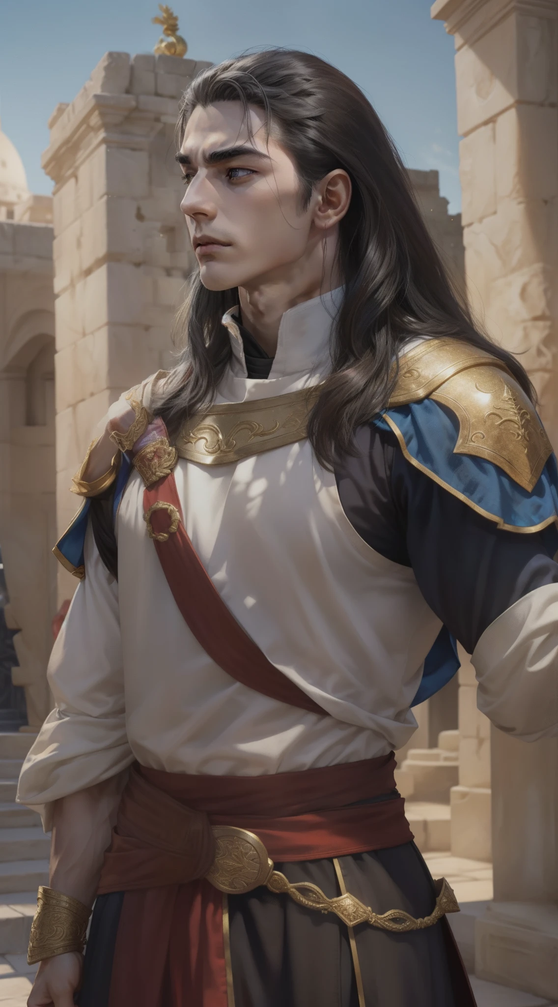 A young man, (((独奏)))), (25 years, pale skin, strong brute body, ah high, pale skin, round face, square jaw, Brown eyes, Long black hair, thick eyebrow), (he has a small red jewel in the middle of his forehead: 1.30) (he is a paladin, wears a costume of long fabric, of red and white colors, with shoulder pads and golden bracelets), He prays in the ancient city, with white marble structures, blue skies, a closeup of a, medieval fantasy