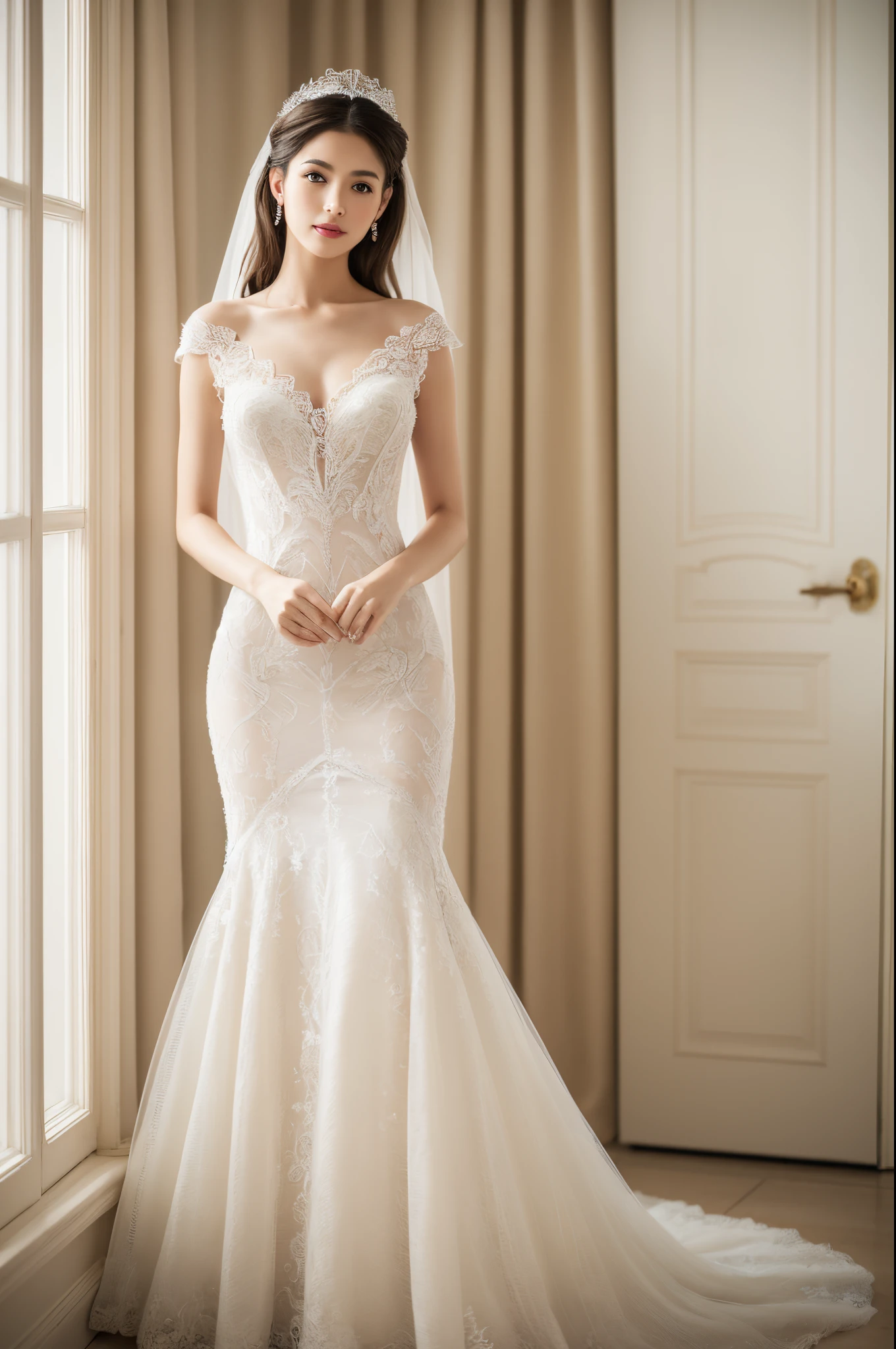 Best quality, 8k, 32k, Masterpiece, Masterpiece, (Photorealistic: 1.4), RAW photo, ultra realistic, 1girl,Fashion model,arafed woman in a white wedding dress standing upright and look straight,, tulle and lace, romantic gown, dressed beautiful gown, full length view, elegant intricate, modest flowing gown, fantasy long intricate gown, in white room with indoor decorative palm tree