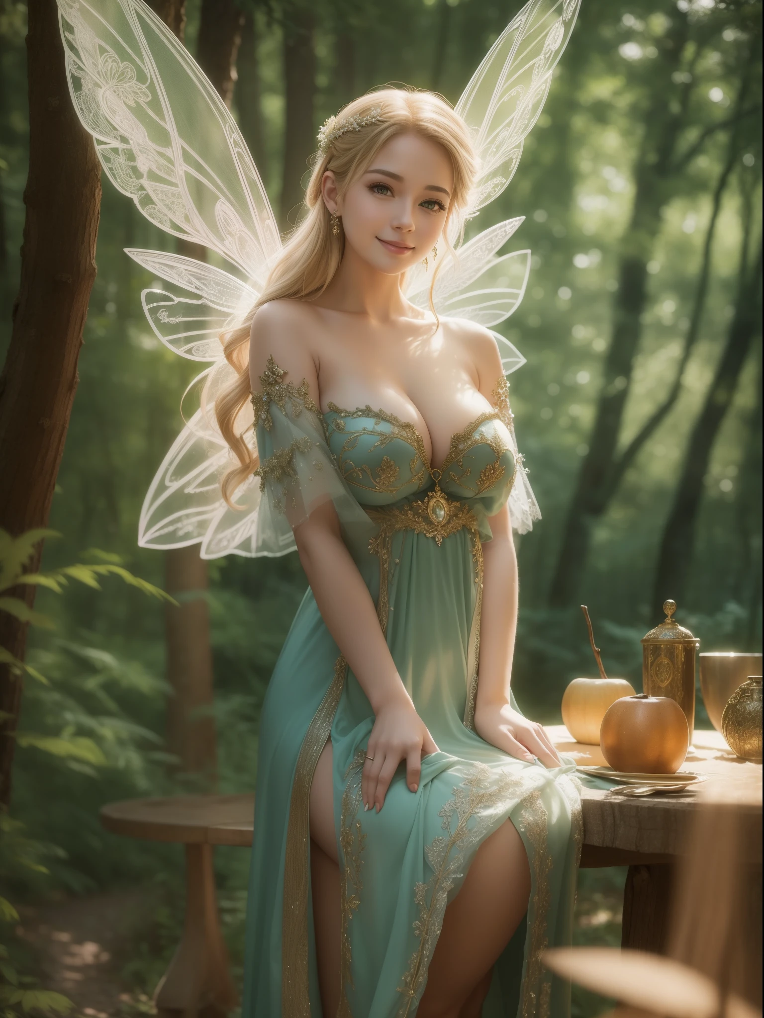 Photos of 20-year-old Finnish fairy wearing gorgeous clothes (Margaret embellished dress:1.2) big breasts and big breasts (Delicate fairy wings:1.2), Grinning, (looking at the camera in:1.1), (Sateen:1.1), on forest path:, standing proudly by his door, by Ghibli Studio, On the table, The barefoot, (natural lightting:0.8), 8K, ((actual)), F/1.1, , keen-eyed forest、Cover the navel、Hide breasts、(Beautiful curves)femele(Flawless skin:1.11)big breasts and big breasts(tit:1.1)、A smile、FULL-BODY ESBIAN、Beautiful standing figure、