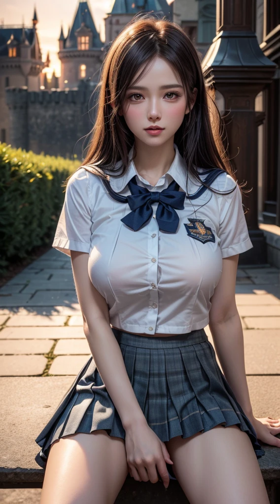 (Best Quality:1.4), (hyper quality), (Ultra-detailed), 1 beautiful girl, Extremely cute, Amazing face and eyes, (School uniform, Pleated mini-skirt:1.5), (Beautiful breasts:1.1), (Slender body:1.1), Authentic skin texture, bright and shiny lips, Beautiful Goddess Advent, (Sitting, Spread your legs open), (pubick hair, Cameltoe), Beautiful background, Golden ratio, conceptual art, Super Detail, ccurate, high details, Outdoors, (beautiful huge castle:1.5), Sexy Art, Surrounded by beautiful sunsets, dazzling lights, Super delicate illustration details, Highly detailed CG integrated 8k wallpapers, RAW Photos, professional photograpy, Cinematic lighting, Super gorgeous illustrations, depth of fields,