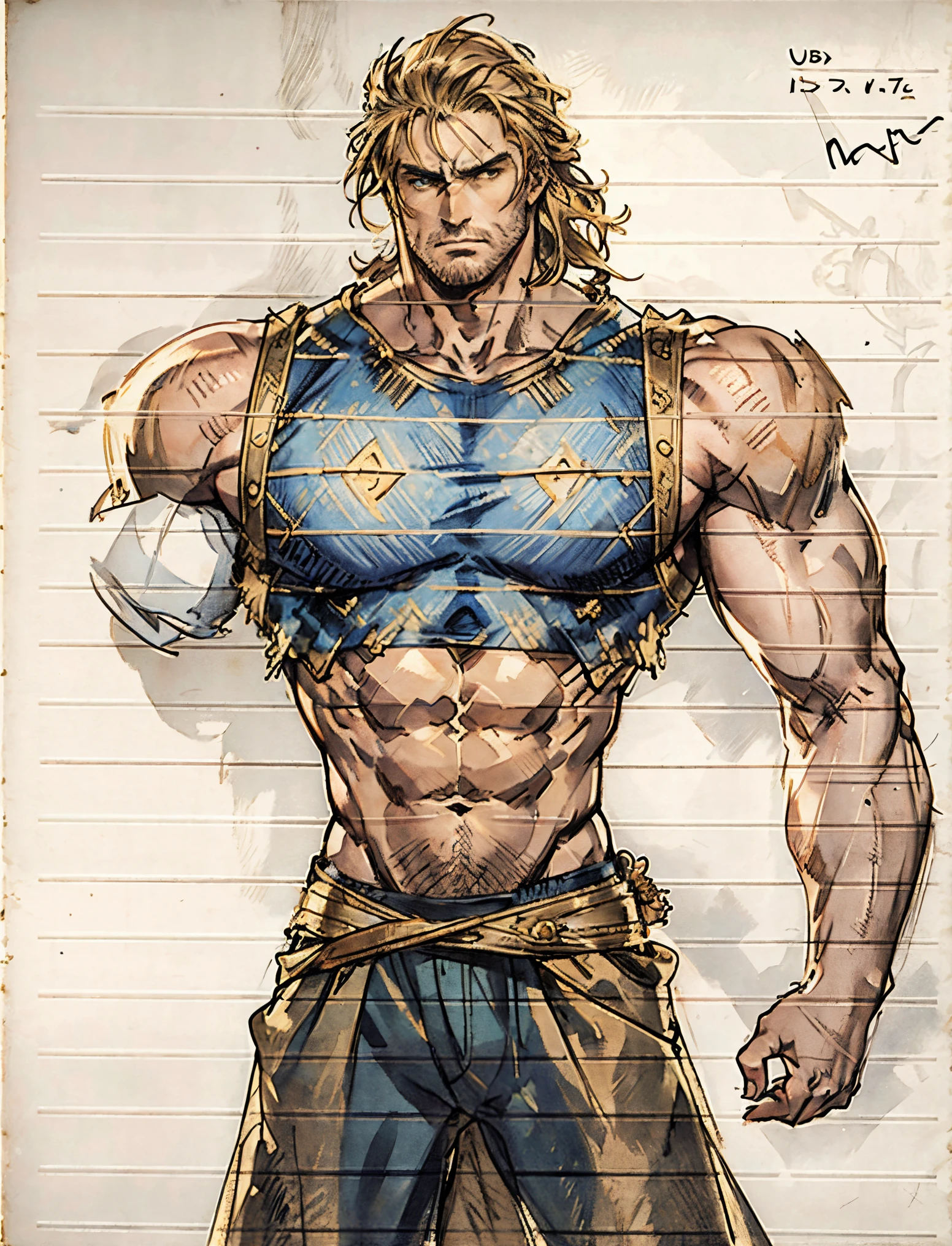 A middle-aged man, dark golden long hair, a wild and unkempt hairstyle, a melancholic gaze, a dignified expression, a tall and muscular physique, a hint of stubble on his face, a fantasy-style tattered clothing, ripped sleeves, reveals his abdominal muscles, one of his arms is missing, a hemp rope is wound around his waist, coarse cloth pants, the background depicts a fantasy-style dilapidated city with crumbling buildings, this character embodies a finely crafted fantasy-realistic style warrior in anime style, exquisite and mature manga art style, high definition, best quality, highres, ultra-detailed, ultra-fine painting, extremely delicate, professional, anatomically correct, symmetrical face, extremely detailed eyes and face, high quality eyes, creativity, RAW photo, UHD, 8k, Natural light, cinematic lighting, masterpiece-anatomy-perfect, masterpiece:1.5