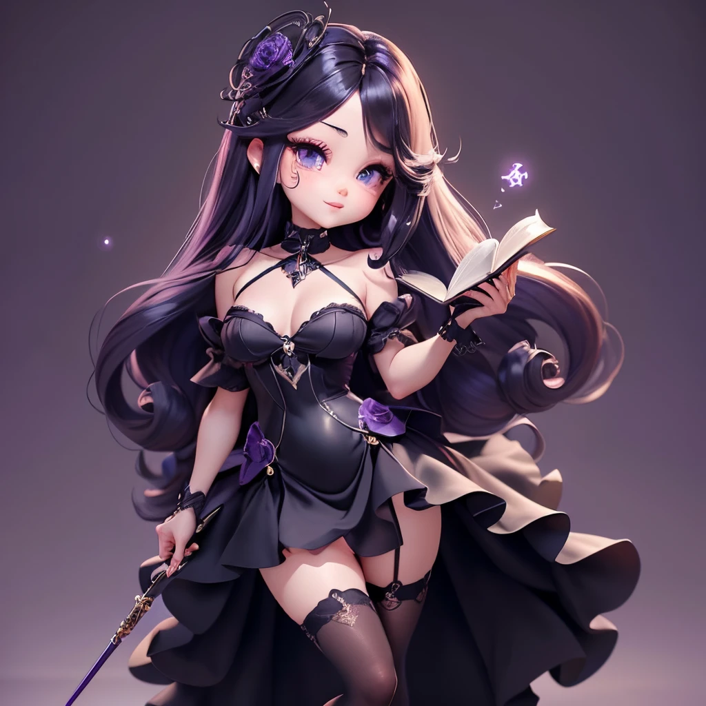Create a collection of adorable black chibi style dolls, Each with lots of detail and 8K resolution. All dolls should follow the same solid color background pattern,And finish in the image, Public area display (Full body lesbian, including legs: 1.5) Mini Halloween dolls: Call her Marina. She must have dark purple hair. Your eyes should be large and expressive,Have clear deep purple eyes, long eyelashes and rosy cheeks. Exquisite white smile. flatchest。eye glass, A magic wand and a magic book. Marina must wear a long black evening gown,skirt that covers legs ,No legs。Gorgeous black. Marina should wear a black crown accessory,Set with purple gemstones. Make sure to add a shadow, Texture and detail of hair, Clothes are, Black flowers, Make them more cute and charming.