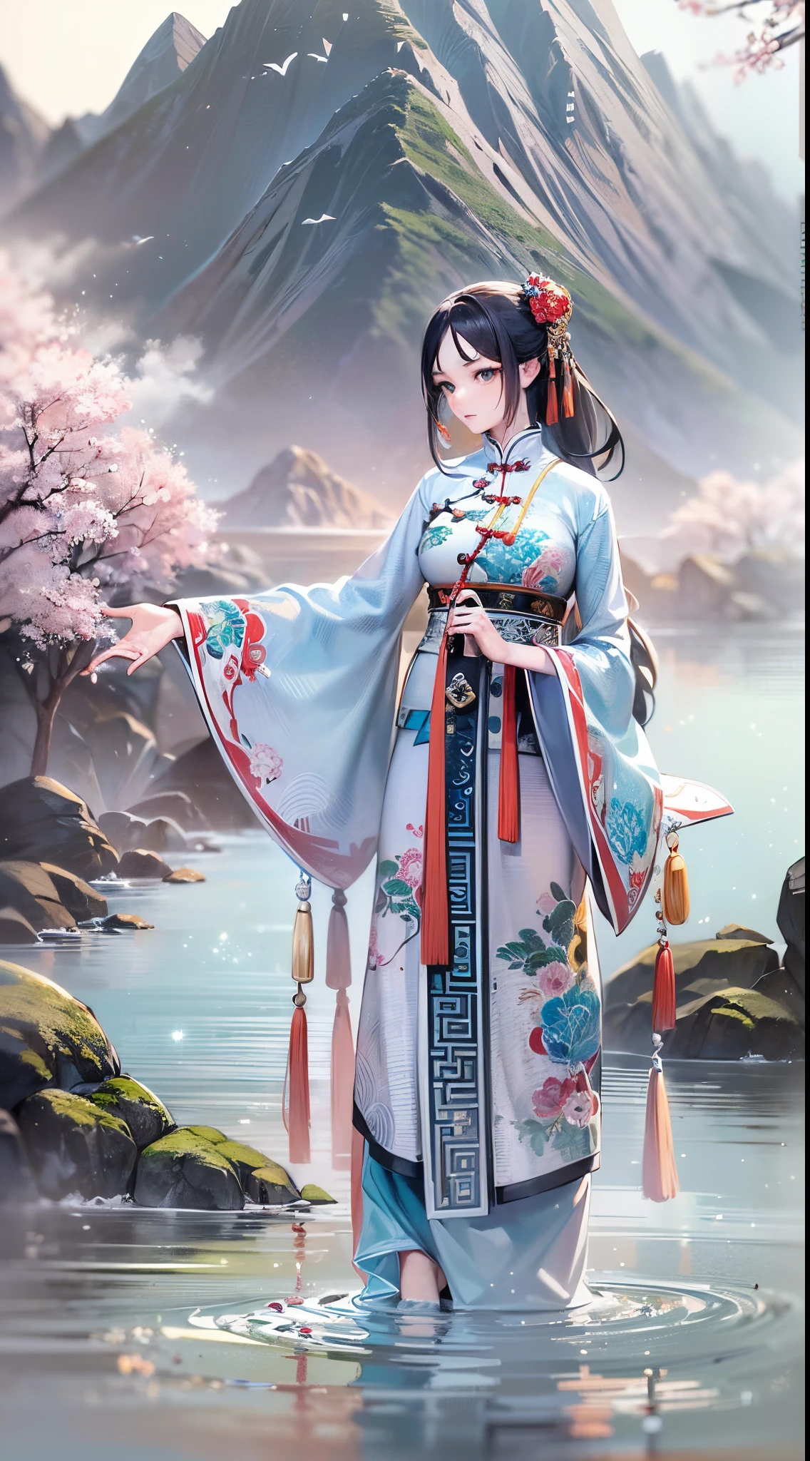 ((Finest quality)),(超A high resolution),(ultra-detailliert),(Meticulous portrayal),((Best Anime)),(Finest works of art),Ultra-Precision Art,The art of astounding depiction,Overwhelming descriptive power:1.5, mountain water, (adult woman:1.5),(chinese style clothing), soft colored birds:1.5