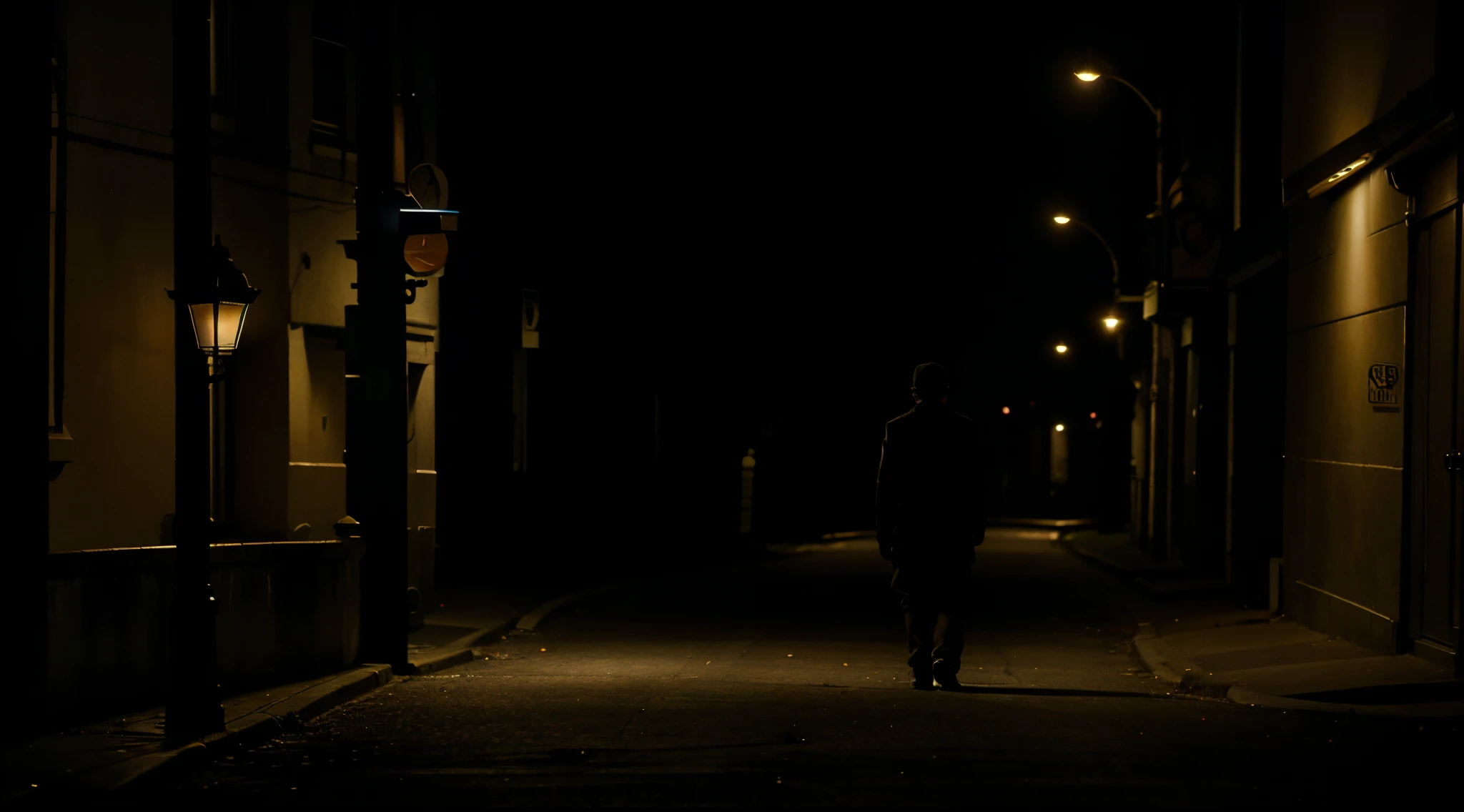 a man is walking alone at night under a flickering street lamp, getting followed by a man (shadow figure), make it dark and spooky looking , and mysterious