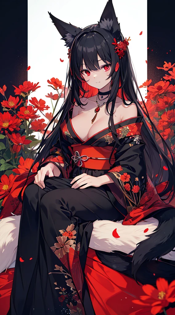 (extremely detailed CG unity 8k wallpaper), (((ultra-detailed))), ((extremely detailed)), (((intricate details))), (((best illustration))), best illumination, ((extremely delicate and beautiful)), ((an extremely delicate and beautiful girl)), colorful, manjusaka, red flower field, (((colorful flowers))), ((solo:1.9)), ((fox girl)), (Black and red Kitsune with long black hair with fox ears and fox tail), (black fox ears:1.4), (red fox ears:1.6), (black single fox tail:1.7) (red fox tip tail:1.3), ((finely detailed beautiful eyes and detailed face)), sad expression, melancholic smile, long hair, (((black hair))), (red eyes:1.9), beautiful detailed eyes, mature female, gentle, slender, medium breast, (Black and red sexy elegant kimono dress:1.3), (medium height black boots:1), ((black choker with red pendent:1)), manjusaka birthmark on neck, sitting, bishoujo, 19 years old,