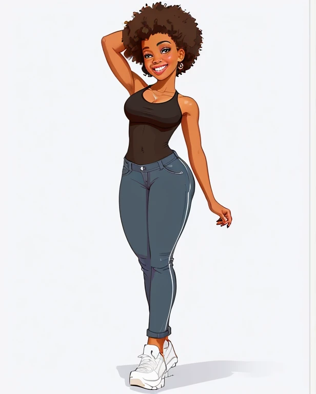 mulher de desenho animado com roupas esportivas andando e sorrindo, mulher em forma, Cartoon style illustration, menina em forma, standing athletic pose, mulheres de corpo inteiro, Mulher jovem afro-americana, full length illustration, character is in her natural pose, full body cute young lady, flat illustration, cartoon illustration, mulher afro-americana, cintura magra e quadris grossos, mulher jovem negra, menina elegante afro-americana