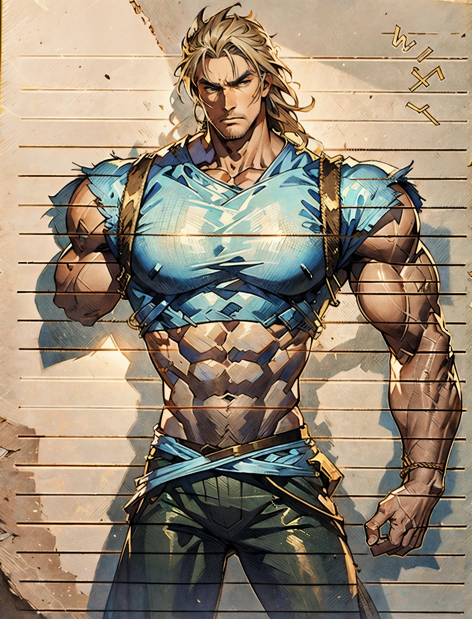 A middle-aged man, dark golden long hair, a wild and unkempt hairstyle, a melancholic gaze, a dignified expression, a tall and muscular physique, a hint of stubble on his face, a fantasy-style tattered clothing, ripped sleeves, reveals his abdominal muscles, one of his arms is missing, a hemp rope is wound around his waist, coarse cloth pants, the background depicts a fantasy-style dilapidated city with crumbling buildings, this character embodies a finely crafted fantasy-realistic style warrior in anime style, exquisite and mature manga art style, high definition, best quality, highres, ultra-detailed, ultra-fine painting, extremely delicate, professional, anatomically correct, symmetrical face, extremely detailed eyes and face, high quality eyes, creativity, RAW photo, UHD, 8k, Natural light, cinematic lighting, masterpiece-anatomy-perfect, masterpiece:1.5