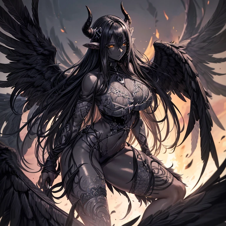 Best quality，A high resolution，One demon，(Pure black skin:1.7)，(a pair of long, curved horns：1.5)，Wings with black feathers，（gigantic cleavage breasts：1.3），sexy for，Muscular，Wrap a bandage around the chest